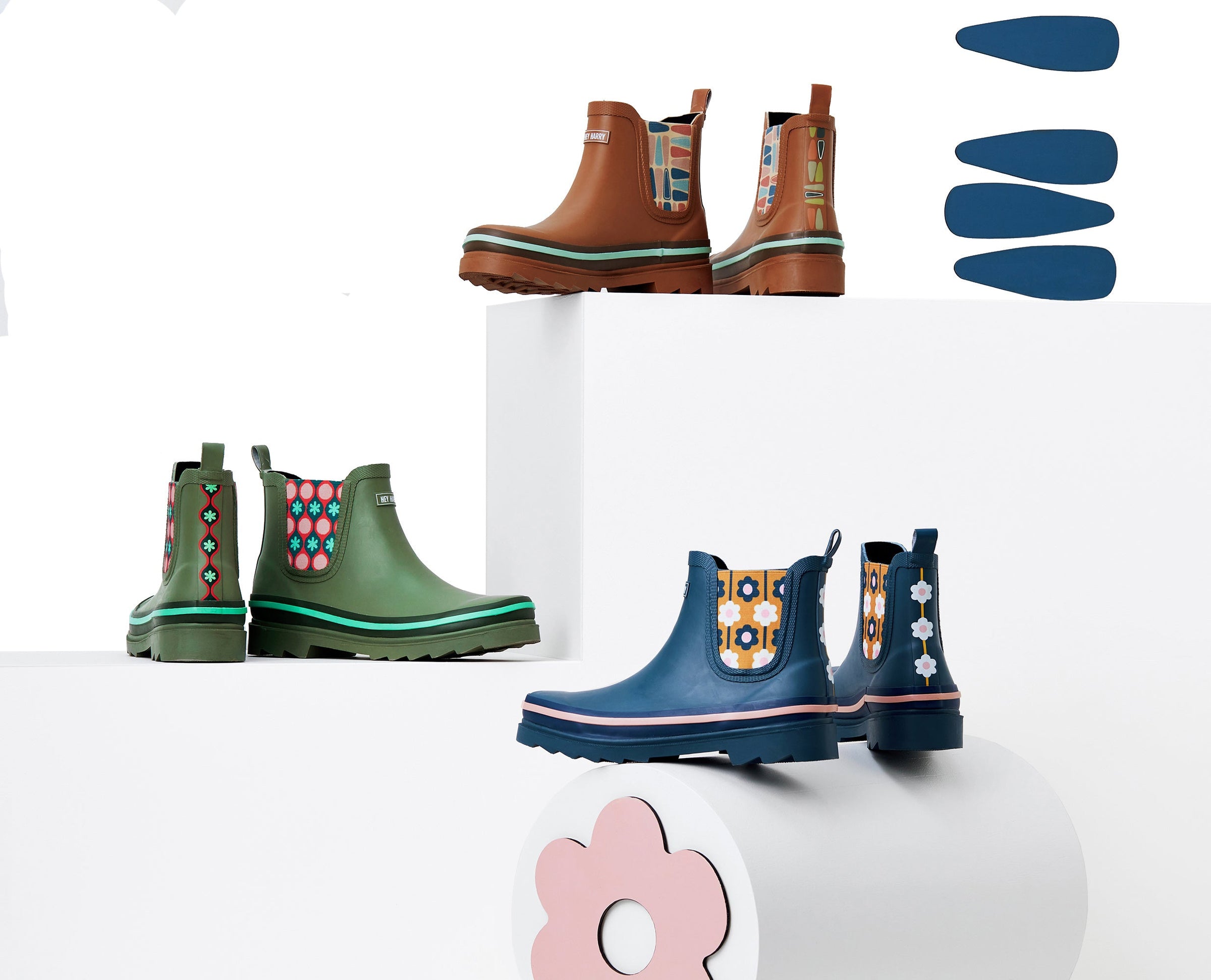 Three colourful gumboot designs by Hey Harry
