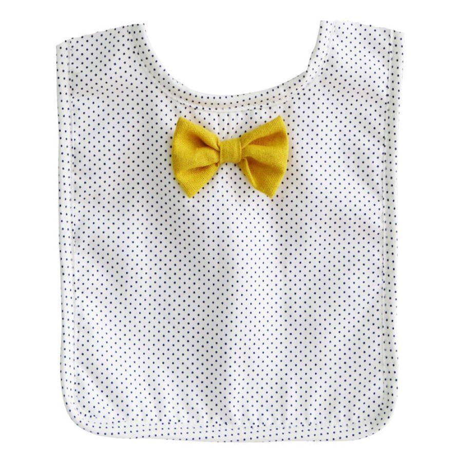 Alimrose bib with tiny polkadots and mustard bow