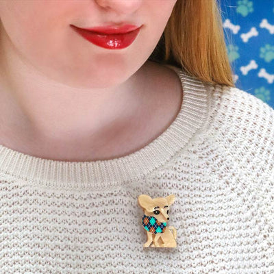 Chi Chi Chihuahua Mini Brooch on model by Erstwilder from their 2024 Dog Mini Collection
