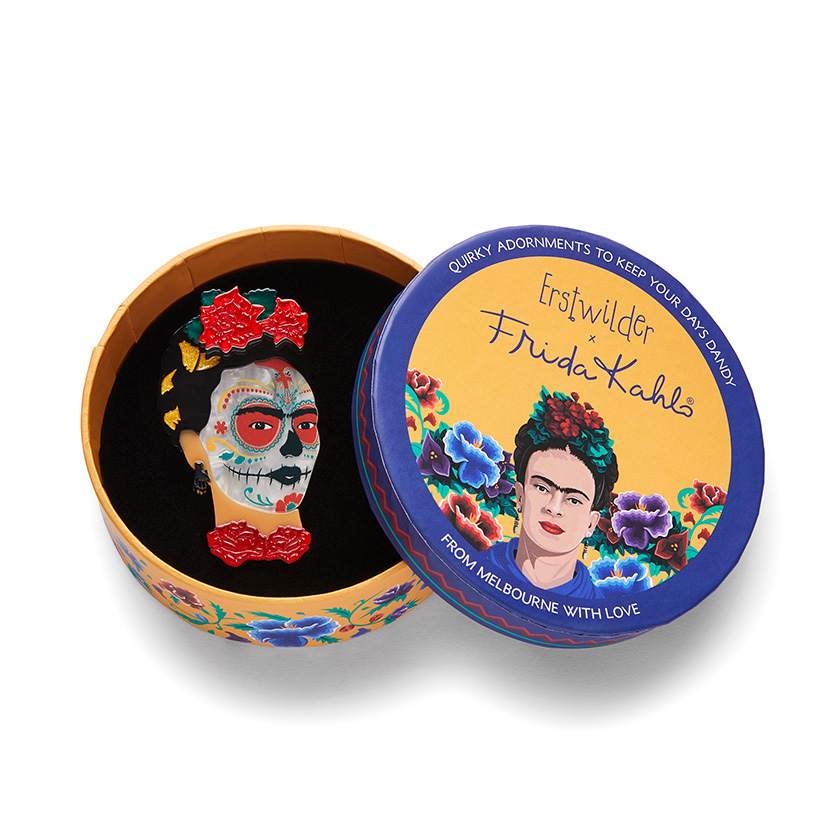 Frida Calavera Brooch in gift box by Erstwilder from their 2024 Frida Kahlo collection