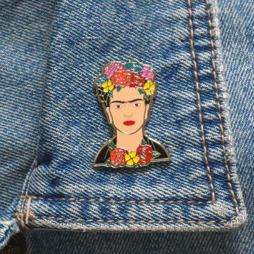 My Own Muse Enamel Pin on denim jacket by Erstwilder from their 2024 Frida Kahlo collection