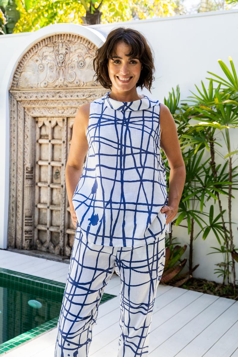 See Saw 100% Linen Straight Pocket Skirt in Denim Colour