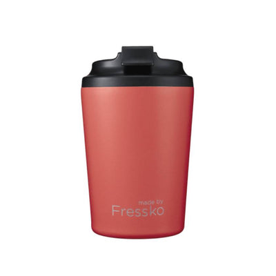 Made by Fressko Double walled insulated coffee cups with screw on lid. No spill coffee cup in Watermelon colour