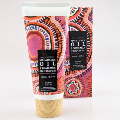 Hand cream in bottle with Indigenous artwork on packaging.