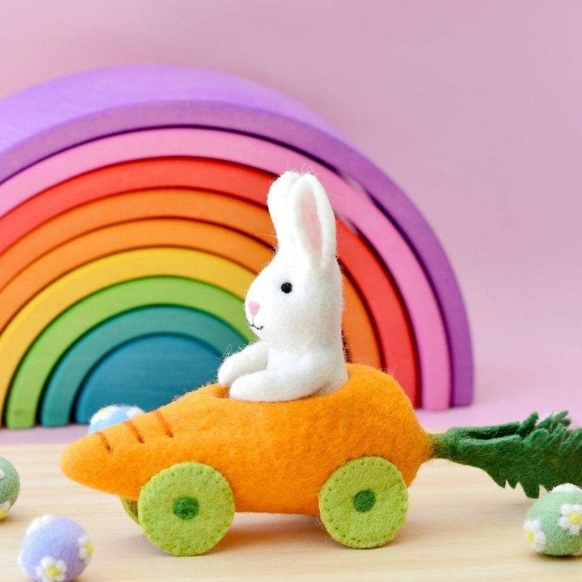 Felt bunny in carrot car by Tara Treasures