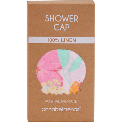 Linen shower cap in hibiscus by Annabel Trends in box