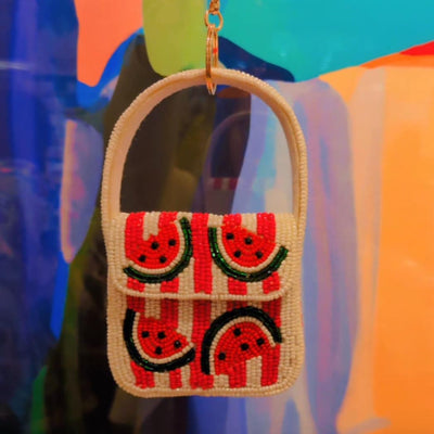 Small beaded pouch with watermelon design and gold clasp on a white background | Zoda Stockist at Zebra Finch in Newcastle, NSW