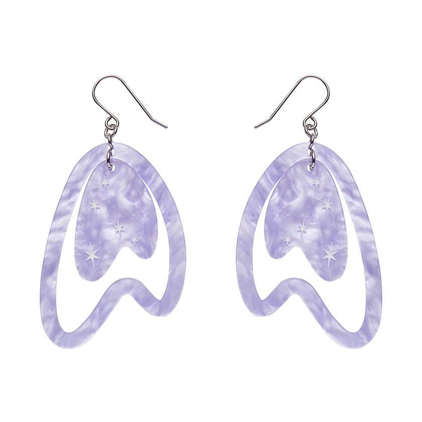 Atomic Boomerang Drop Earrings in lilac by Erstwilder from their 2024 Atomic Abode collection by Shea O’Connor