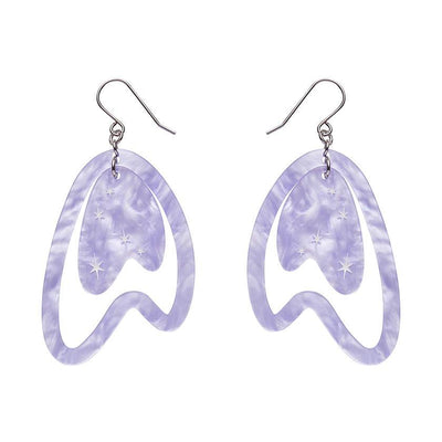 Atomic Boomerang Drop Earrings in lilac by Erstwilder from their 2024 Atomic Abode collection by Shea O’Connor