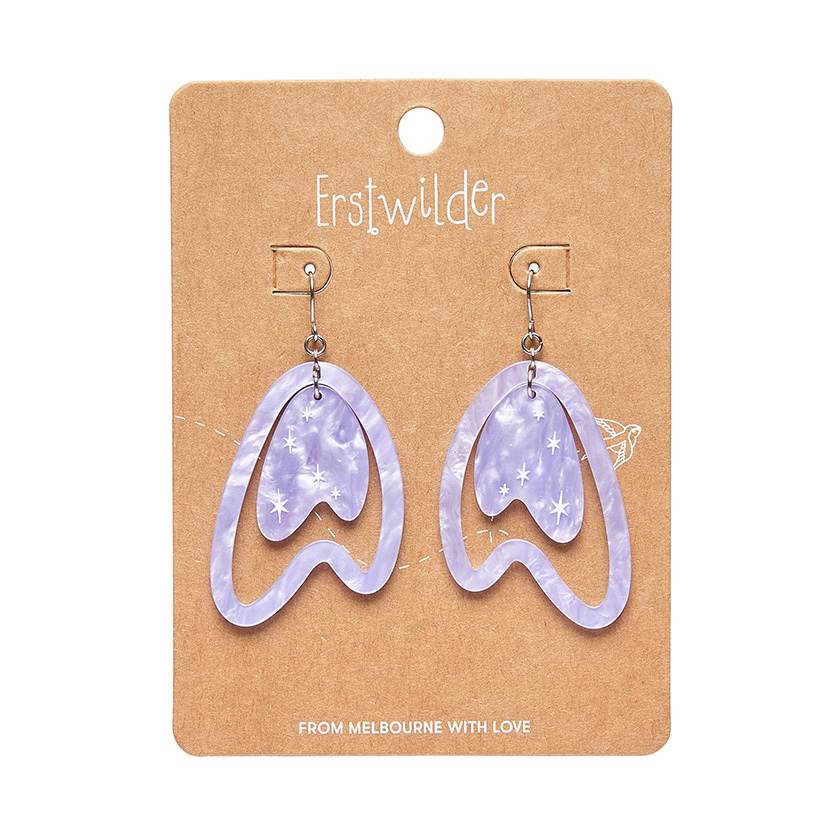 Atomic Boomerang Drop Earrings in lilac on card by Erstwilder from their 2024 Atomic Abode collection by Shea O’Connor