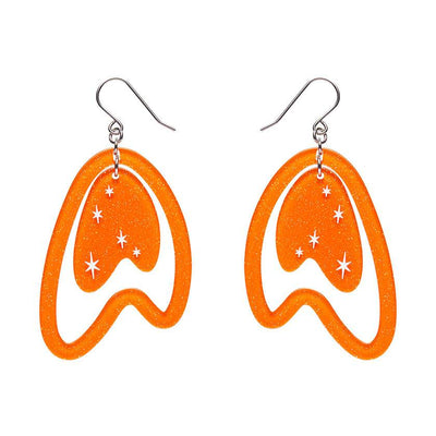 Atomic Boomerang Drop Earrings in Orange by Erstwilder from their 2024 Atomic Abode collection by Shea O’Connor