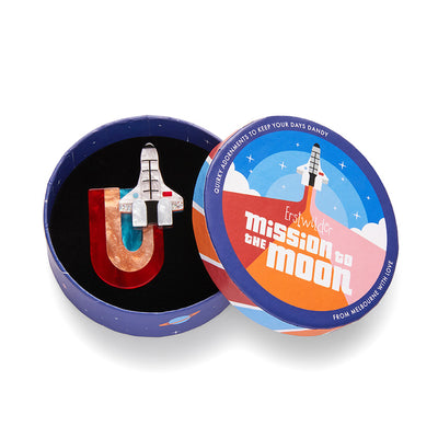 Mission To The Moon brooch in gift box by Erstwilder from their 2023 Mission To The Moon collection