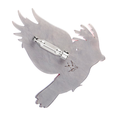 Back of Gertie the Galah resin brooch by Erstwilder from their 2025 Australiana collection. Stocked at Zebra Finch Style in Newcastle, NSW