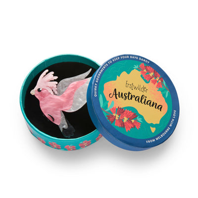 In gift box - Gertie the Galah resin brooch by Erstwilder from their 2025 Australiana collection. Stocked at Zebra Finch Style in Newcastle, NSW