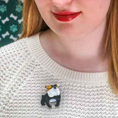 Boof Bulldog Mini Dog Brooch on model by Erstwilder from their 2024 Dog Mini collection