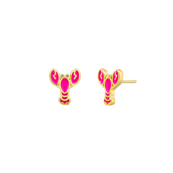 Gold lobster-shaped earrings with pink centers on a white background by Tiger Tree