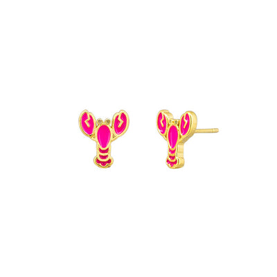 Gold lobster-shaped earrings with pink centers on a white background by Tiger Tree