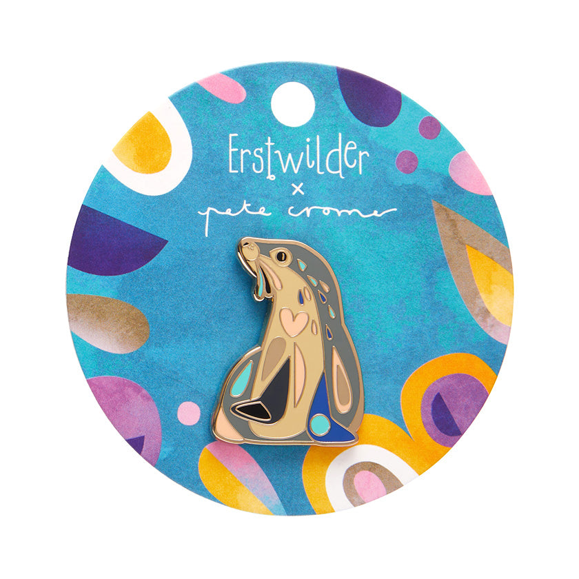 The Sage Sea Lion enamel pin on backing card by Erstwilder from their 2023 Pete Cromer Australian Sea Life collection