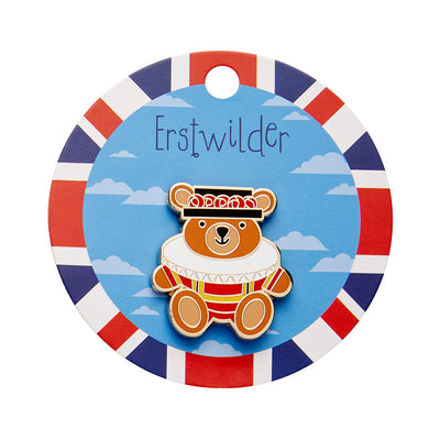 On packaging - Teddy Yeoman Enamel Pin by Erstwilder from their 2024 London Calling collection