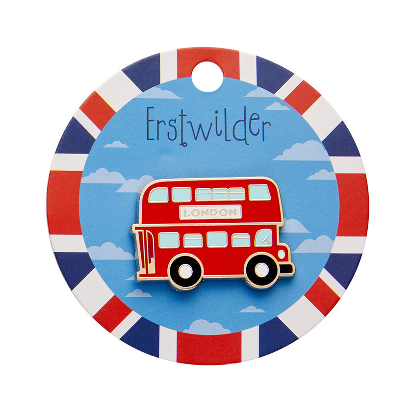 With packaging - Double Decker Enamel Pin by Erstwilder from their 2024 London Calling collection