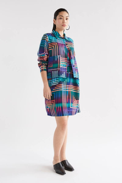 Elk the Label Eryn Dress in Navy Ligheten Print paired with Minnen Jacket