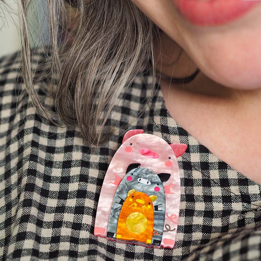 Erstwilder x Pete Cromer Fairytale brooch collection - Chinny Chin Chins Brooch on model