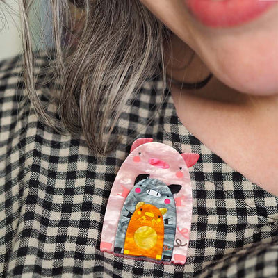 Erstwilder x Pete Cromer Fairytale brooch collection - Chinny Chin Chins Brooch on model