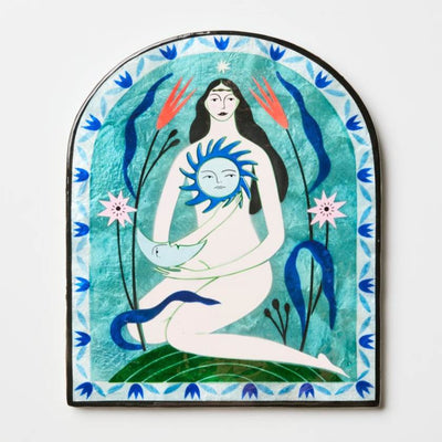 Artistic depiction of a woman with a sun symbol on her chest, surrounded by plants and flowers, framed with decorative elements.
