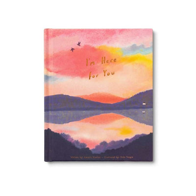 Notebook with a colorful landscape design and 'I'm Here for You' text on the cover.