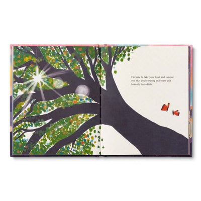 Illustrated book open to a page with a tree and butterflies on a white background