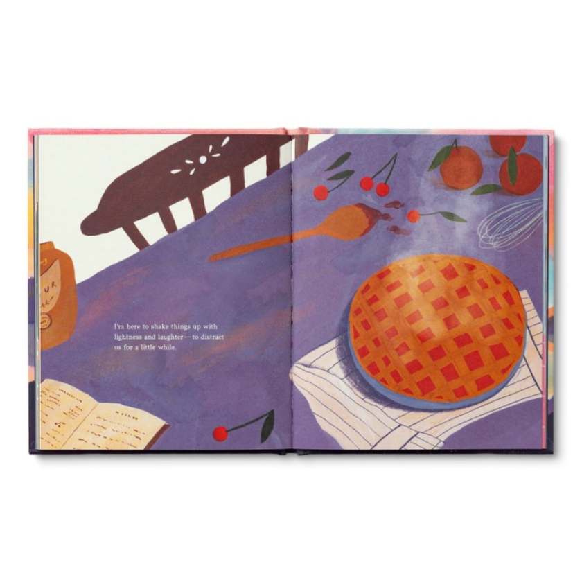 Illustrated book open to a page with a pie and kitchen utensils on a purple background