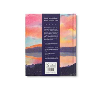 Back cover of a book with colorful landscape design and text on a white background