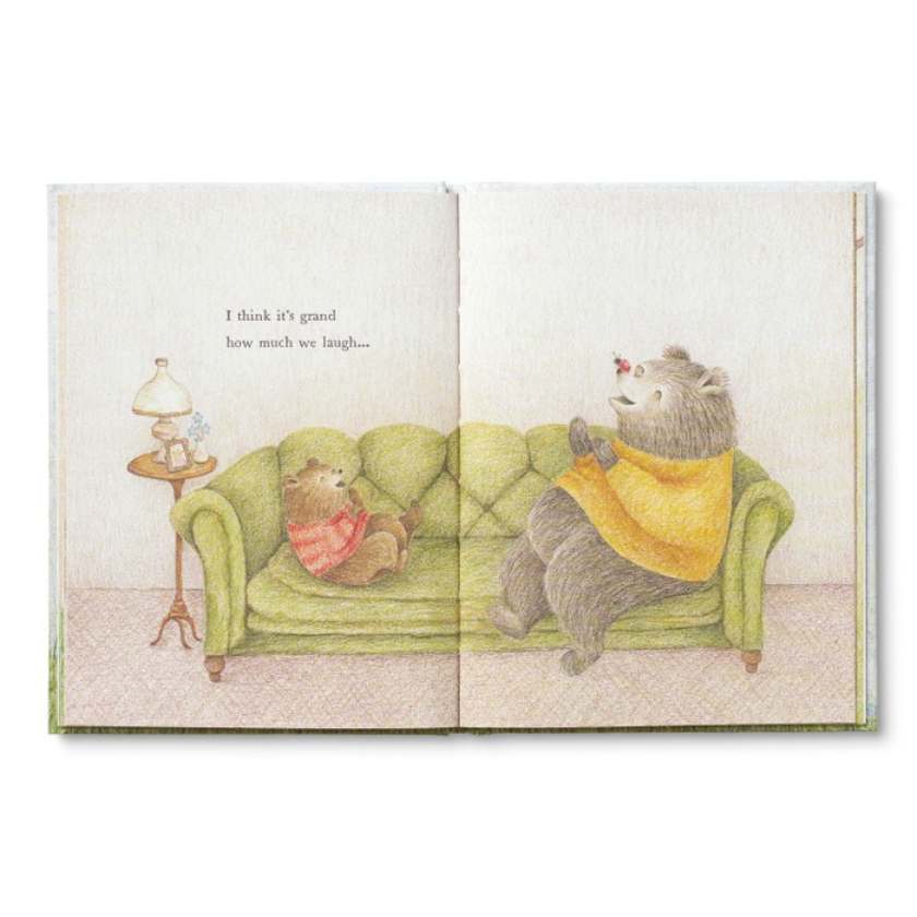 Illustration of two bears on a couch with text in a book format