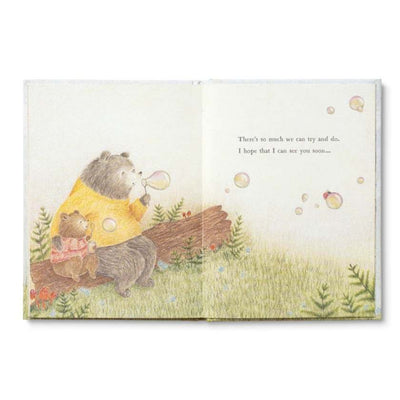 Illustration of a hedgehog holding a teddy bear in a book with text.