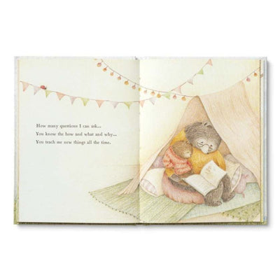 Illustrated book page with two teddy bears in a tent and string lights.