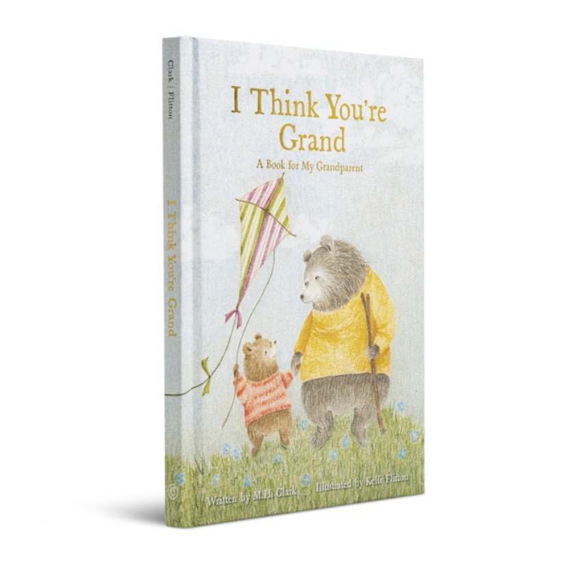 Book titled 'I Think You're Grand' with illustrations of two bears on a grassy background.