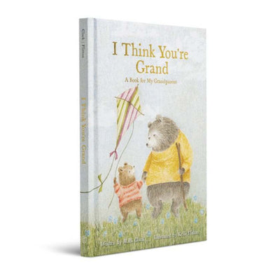 Book titled 'I Think You're Grand' with illustrations of two bears on a grassy background.