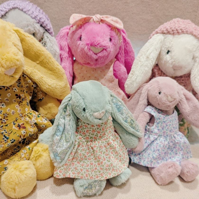 Bunnies dressed up in Miss Alice Doll Clothing