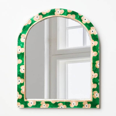 Decorative mirror with a green floral frame on a white background, by Jones and Co. Stockist at Zebra Finch in Newcastle, NSW