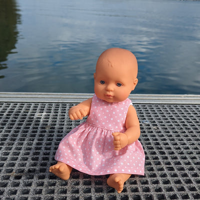 Pink Spot Alice dress on 32cm hard body Miniland doll 