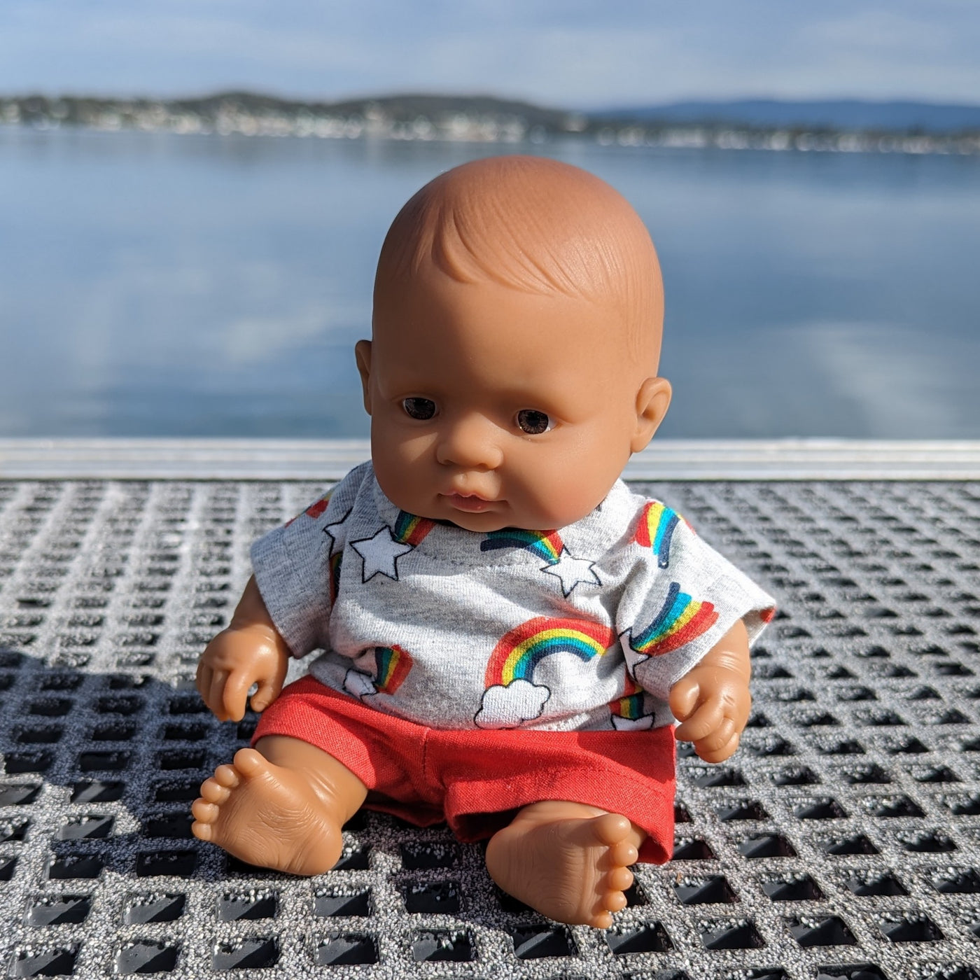 Rainbow shirt and short set on 21cm Miniland doll