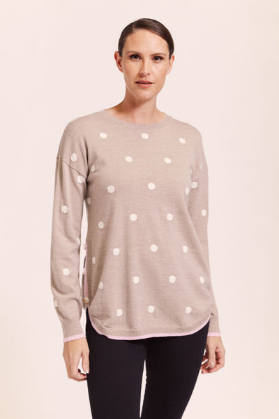 Beige and white spot 100% merino sweater by Australian fashion label, See Saw