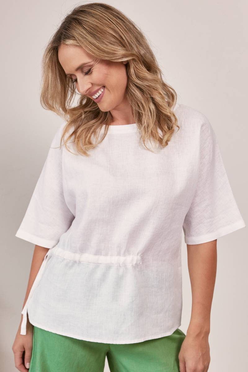 Australian brand SeeSaw, their white drawstring linen top from their August 2024 collection