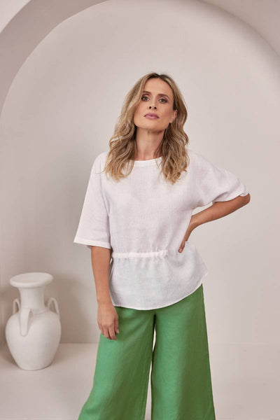 Australian brand SeeSaw, their white drawstring linen top from their August 2024 collection