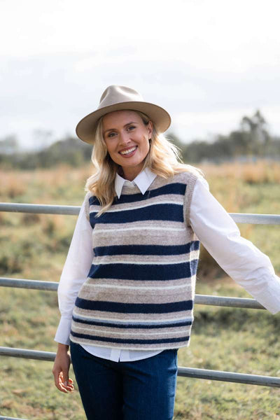 See Saw Oatmeal and Navy striped vest from Australian fashion label, See Saw. Made form recycled polyester