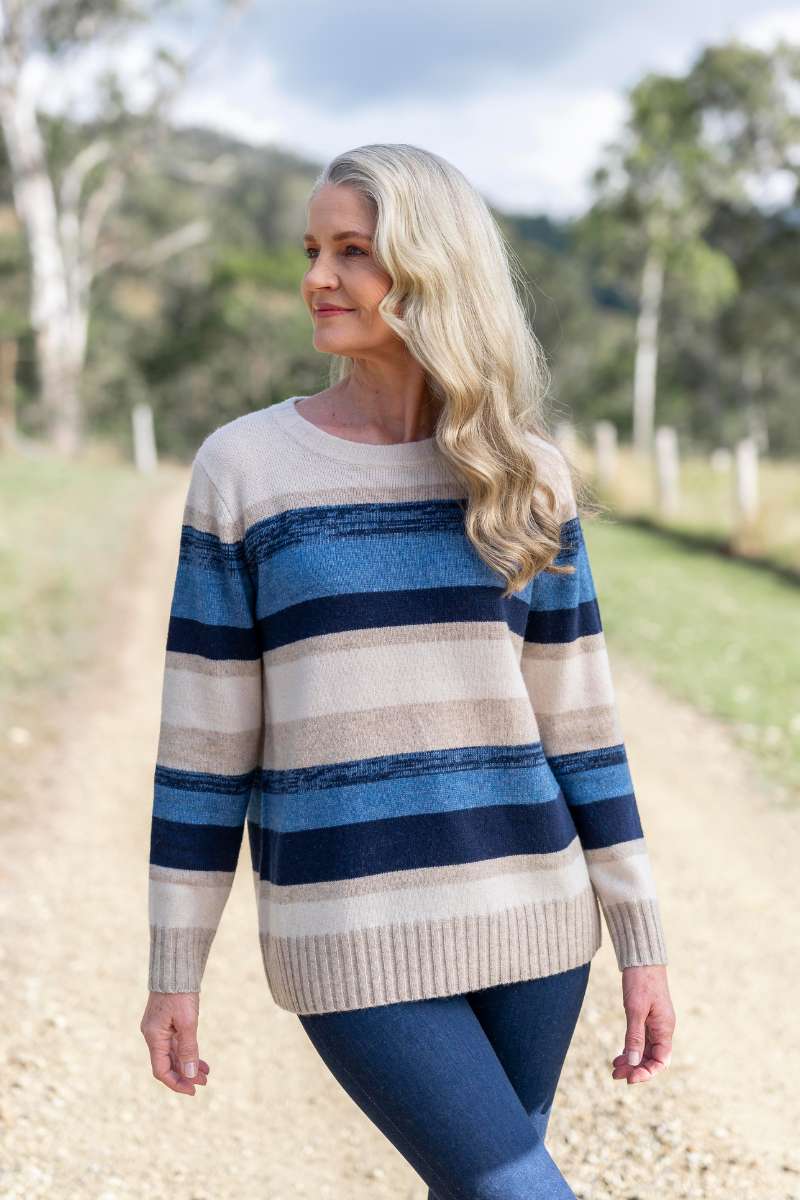 Striped navy and denim lambswool sweater by Australian fashion label, See Saw
