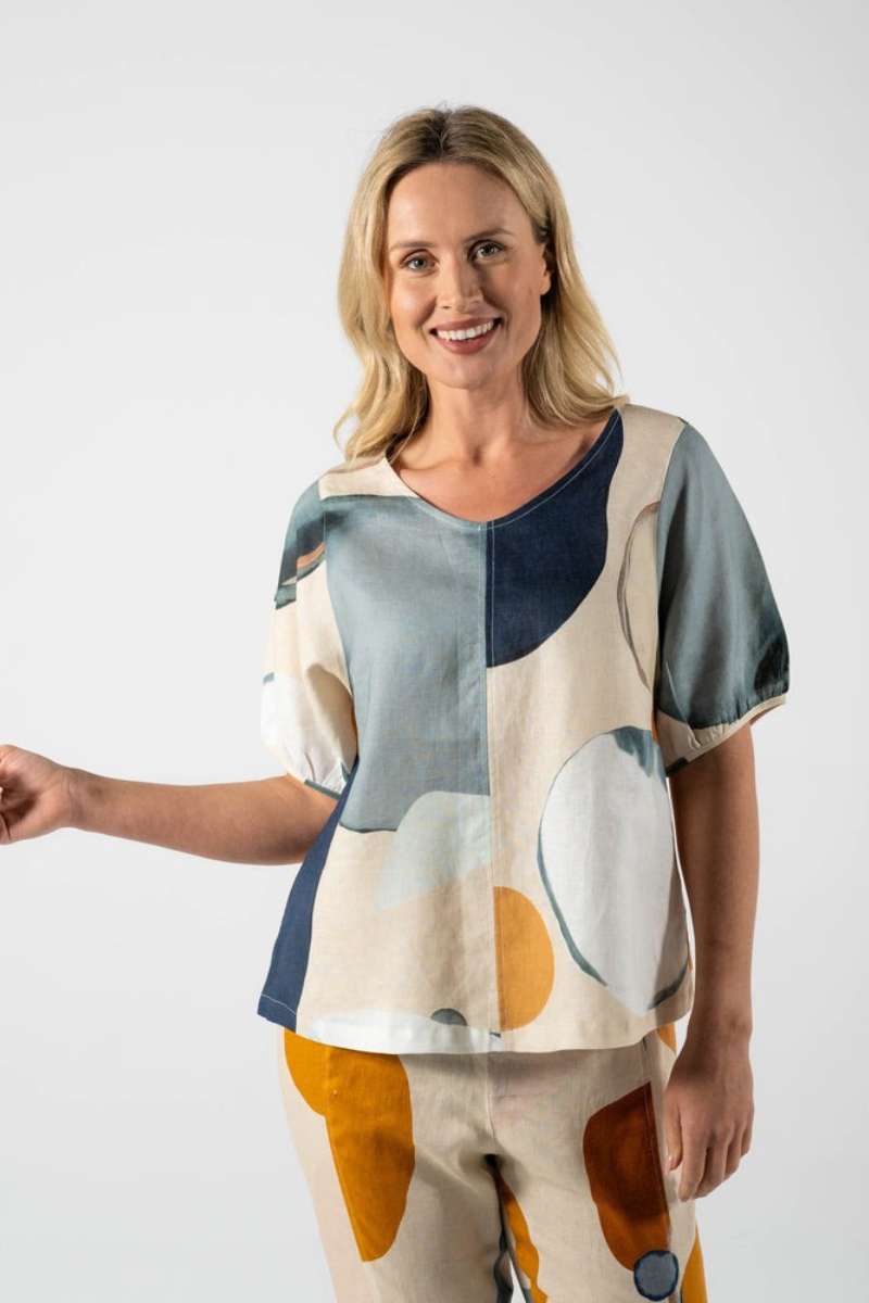Gathered linen top in abstract copper and navy print, by Australian fashion label, See Saw