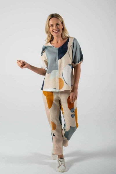 Gathered linen top in abstract copper and navy print, by Australian fashion label, See Saw