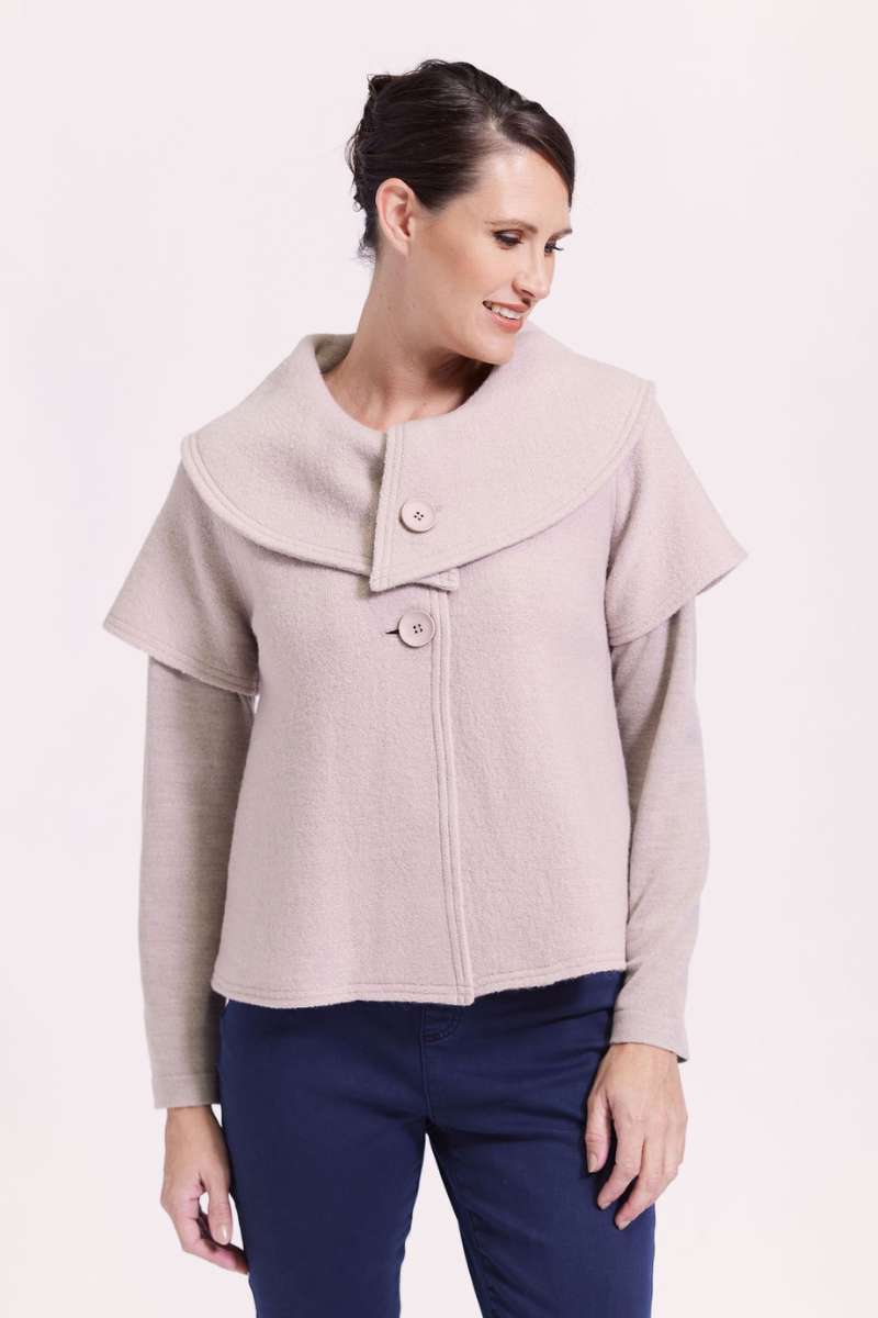 A stone coloured 100% boiled wool collared cropped coat by Austalian fashion label, See Saw