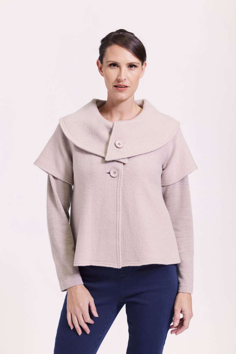 A stone coloured 100% boiled wool collared cropped coat by Austalian fashion label, See Saw